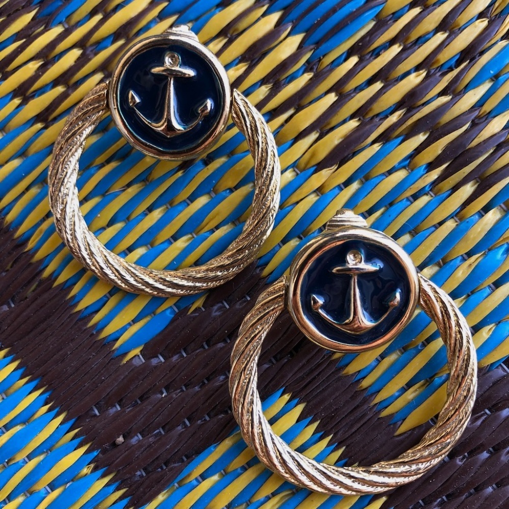 VTG 1970s Nautical Door Knocker Hoop Earrings Clip On